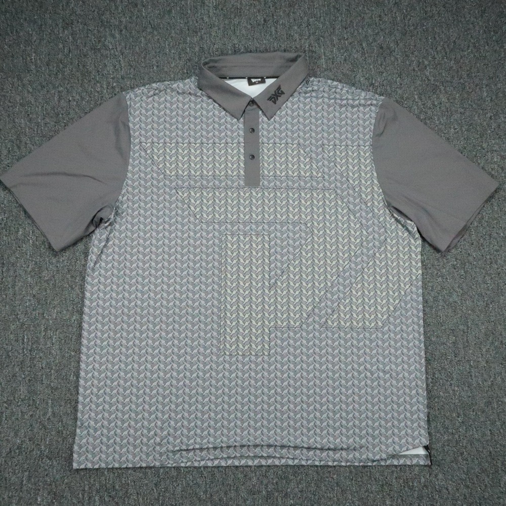PXG Shirt Mens XXL Gray Spellout Print Performance Polo Short Sleeve Golf Snap